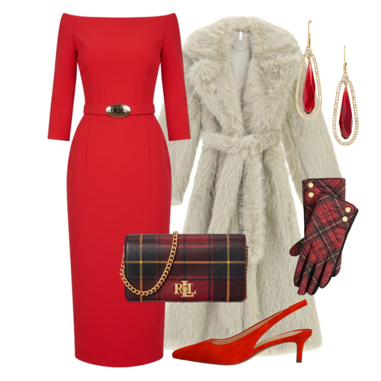 Outfit donna - Festive Harmony. Stile Chic per Serata fuori. Abbinamento con vestiti midi/longuette, cappotti, décolleté, borse a mano, orecchini, guanti.