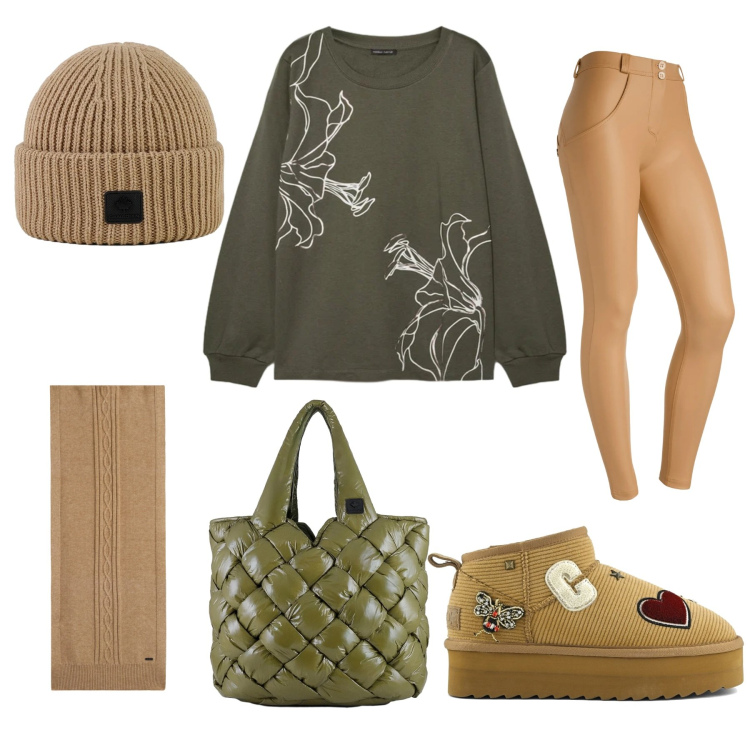 Outfit donna - Beige e verde. Stile Urban per Tutti i giorni. Abbinamento con pantaloni skinny, sciarpe, borse tote, berretti, stivali, felpe.