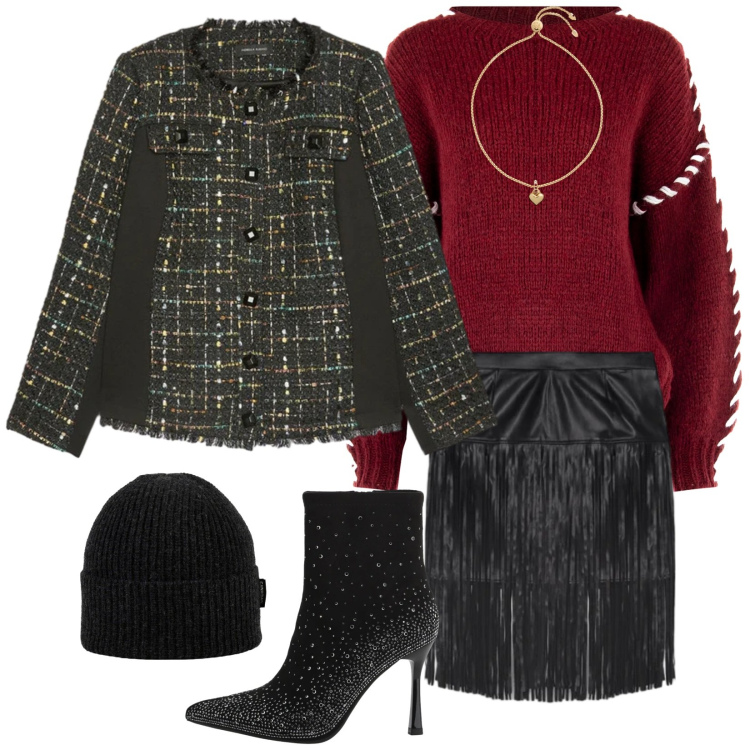 Outfit donna - Armonie Contemporanee. Stile Trendy per Serata fuori. Abbinamento con maglieria, stivaletti, braccialetti, berretti, blazer, minigonne.