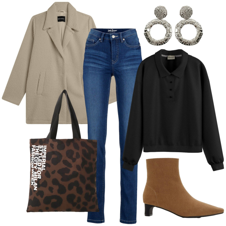Outfit donna - Shopping time. Stile Casual chic per Tutti i giorni. Abbinamento con jeans, stivaletti, maglieria, shopping bag, orecchini, cappotti.
