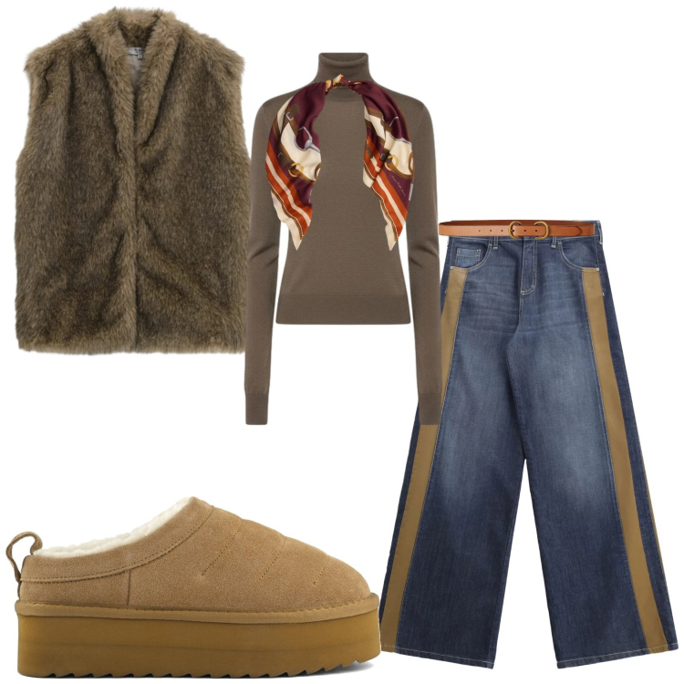 Outfit donna - Total look #2303667. Stile Casual per Tutti i giorni. Abbinamento con jeans a zampa, blazer, cinture, foulard, maglieria, sabot.