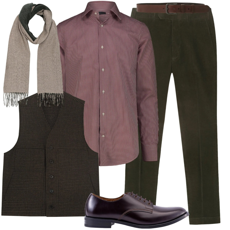 Outfit uomo - Chiacchiere a cena. Stile Trendy per Serata speciale. Abbinamento con cinture, scarpe stringate, camicie, sciarpe, gilet, pantaloni.