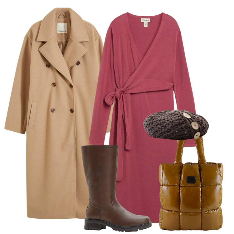 Outfit donna - Corallo e cammello. Stile Chic per Tutti i giorni. Abbinamento con vestiti, berretti, cappotti, stivali, shopping bag.