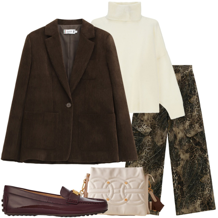 Outfit donna - Casual chic. Stile Casual chic per Tutti i giorni. Abbinamento con blazer, pantaloni cargo, maglieria, borse a tracolla, mocassini.