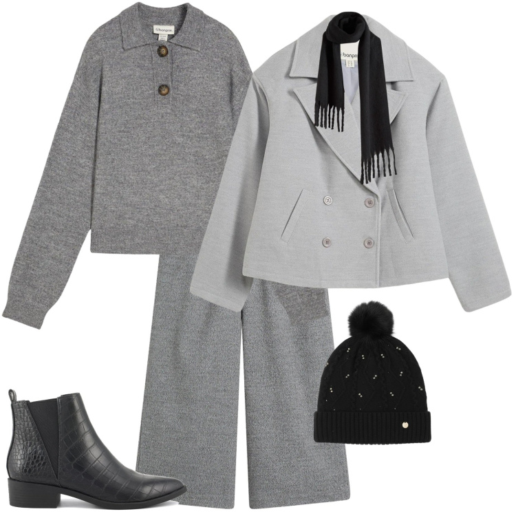 Outfit donna - Urban style a dicembre. Stile Urban per Tutti i giorni. Abbinamento con caban, pantaloni a palazzo, sciarpe, maglieria, berretti, stivaletti.