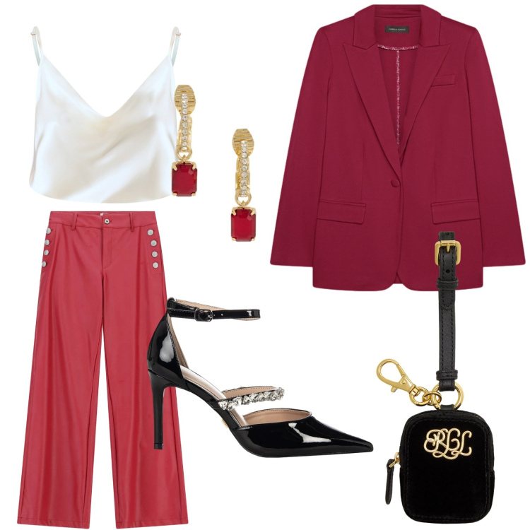 Outfit donna - Tempo di rosso. Stile Chic per Serata fuori. Abbinamento con pantaloni a palazzo, canottiere, décolleté, pochette, orecchini, blazer.