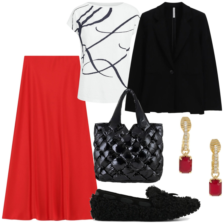 Outfit donna - Un tocco di rosso natalizio. Stile Chic per Tutti i giorni. Abbinamento con gonne lunghe, blazer, maglieria, orecchini, borse tote, mocassini.