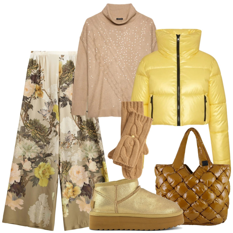Outfit donna - Oro e giallo per uscire festose. Stile Casual chic per Serata fuori. Abbinamento con pantaloni a palazzo, guanti, piumini, borse tote, stivaletti, maglieria.