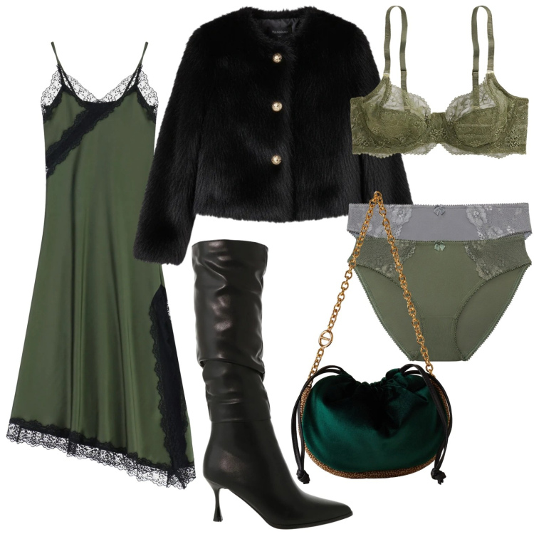 Outfit donna - L\'intimo prezioso. Stile Chic per Serata fuori. Abbinamento con culotte, ecopellicce, vestiti asimmetrici, stivali sopra il ginocchio, borse a spalla, reggiseni.