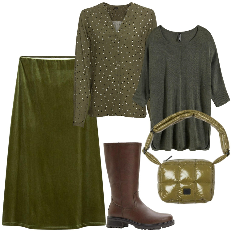 Outfit donna - Verde bosco. Stile Casual chic per Tutti i giorni. Abbinamento con camicie, maglieria, stivali, gonne longuette, borse a spalla.