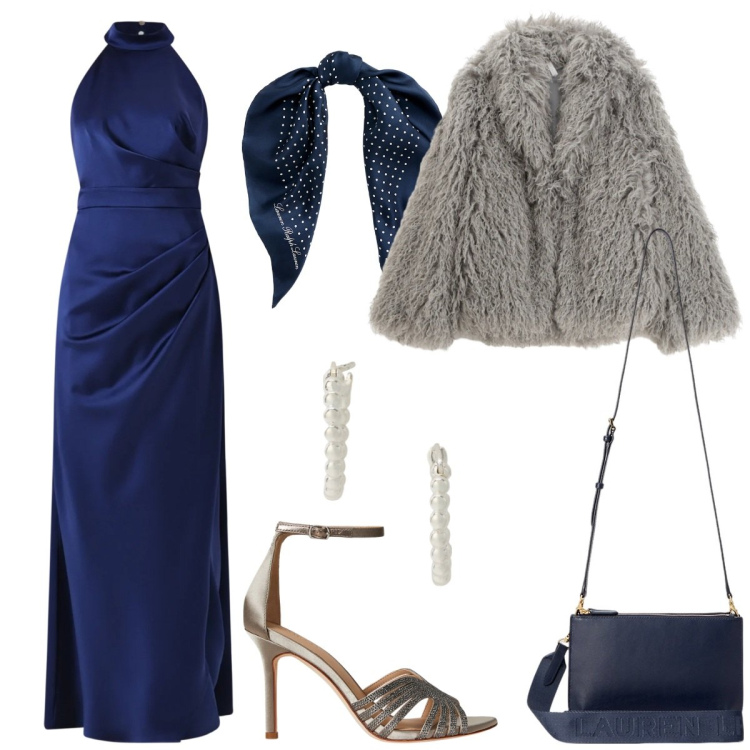 Outfit donna - Serata elegante. Stile Glamour per Serata fuori. Abbinamento con vestiti lunghi, ecopellicce, borse a tracolla, orecchini, foulard, sandali gioiello.