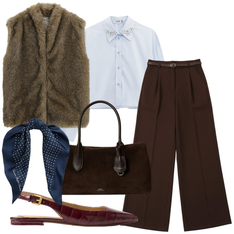 Outfit donna - Il gilet faux fur. Stile Casual chic per Tutti i giorni. Abbinamento con camicie, blazer, pantaloni a palazzo, foulard, ballerine, borse a mano.