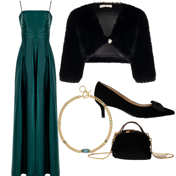 Outfit donna - Look sofisticato a Natale. Stile Glamour per Serata fuori. Abbinamento con vestiti lunghi, bolero, borse a mano, décolleté, collane.