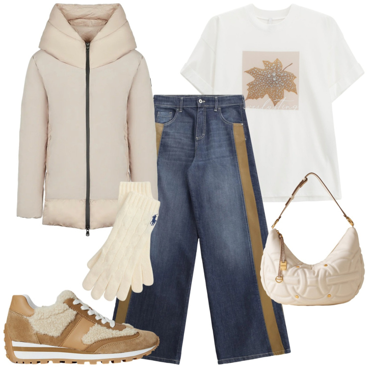 Outfit donna - Total look #2303691. Stile Casual chic per Tutti i giorni. Abbinamento con jeans a zampa, t-shirt, borse a spalla, guanti, sneakers, piumini.