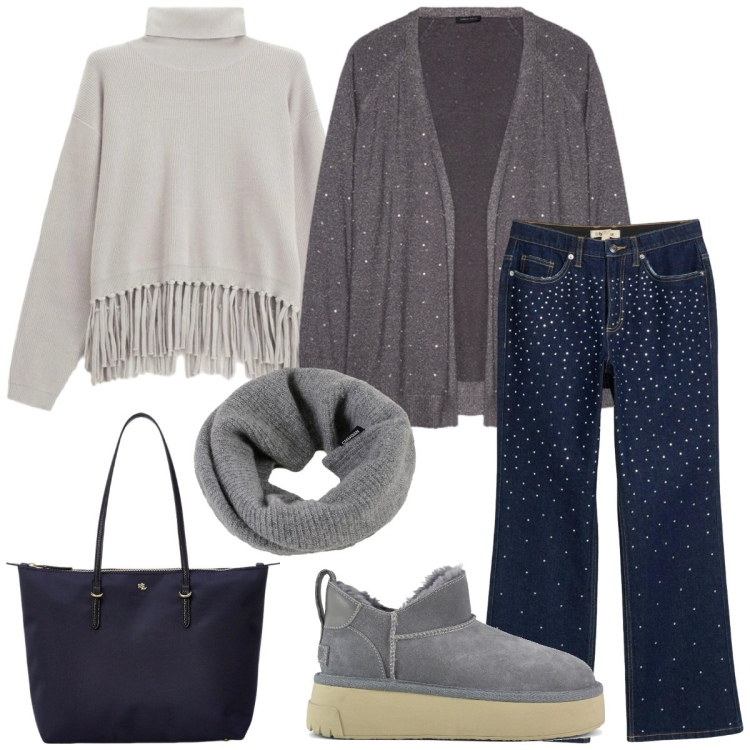 Outfit donna - Dicembre morbido. Stile Casual chic per Tutti i giorni. Abbinamento con jeans dritti, maglieria, borse tote, scaldacollo, stivali, cardigans.