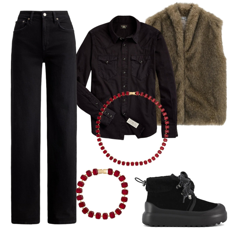 Outfit donna - Pranzo di Natale. Stile Chic per Cerimonia. Abbinamento con blazer, camicie, jeans, braccialetti, collane, stivali.