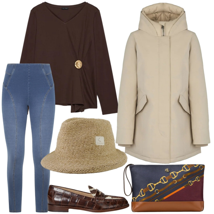 Outfit donna - La pochette elegante. Stile Minimal per Tutti i giorni. Abbinamento con jeggings, mocassini, pochette, eskimo, cappelli, t-shirt.