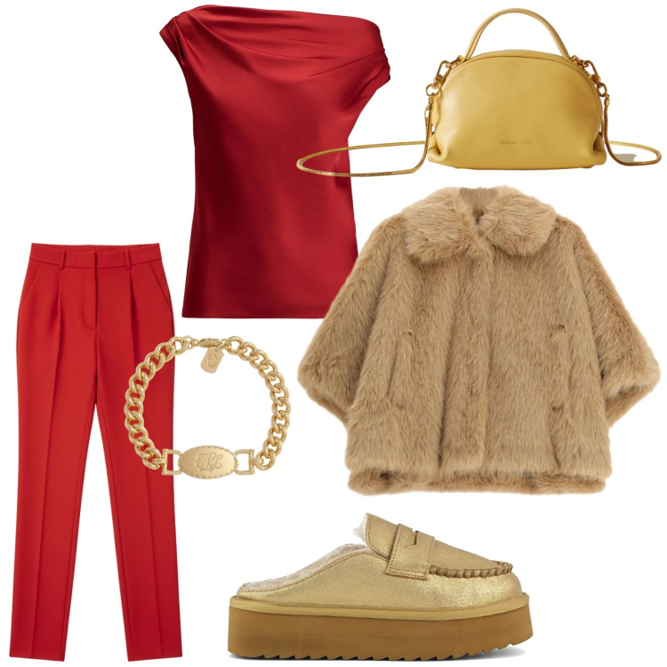 Outfit donna - Festive Harmony. Stile Glamour per Serata fuori. Abbinamento con blazer, pantaloni a palazzo, borse a mano, top, braccialetti, mocassini.