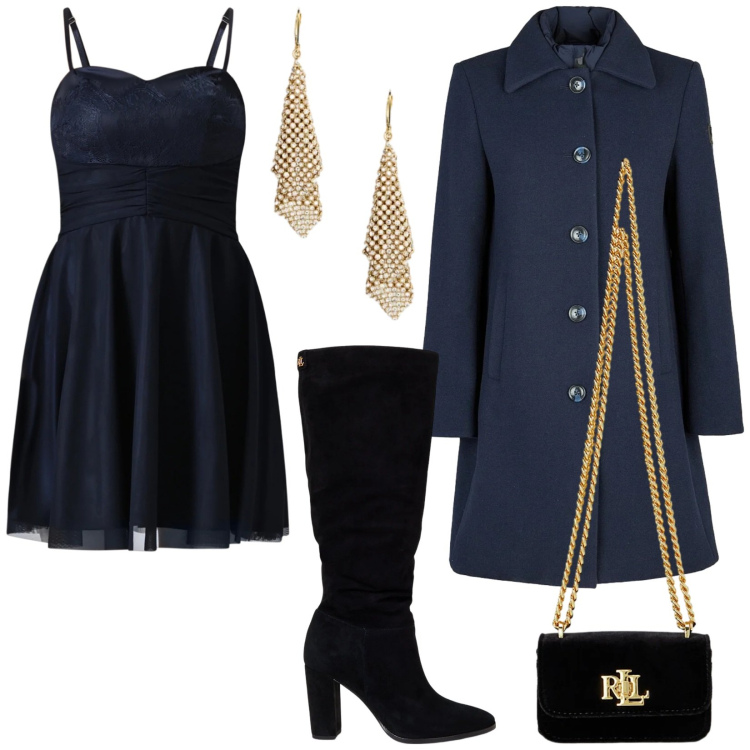 Outfit donna - Serata Romantica. Stile Romantica per Serata fuori. Abbinamento con vestiti corti, stivali, pochette, orecchini, cappotti.
