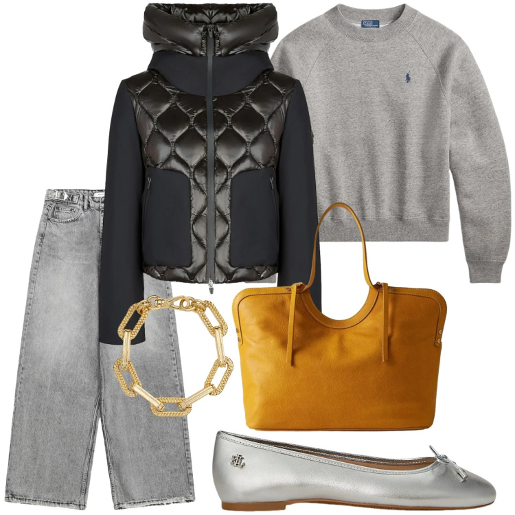 Outfit donna - Il bracciale oro. Stile Glamour per Tutti i giorni. Abbinamento con jeans, shopping bag, ballerine, braccialetti, felpe, piumini.