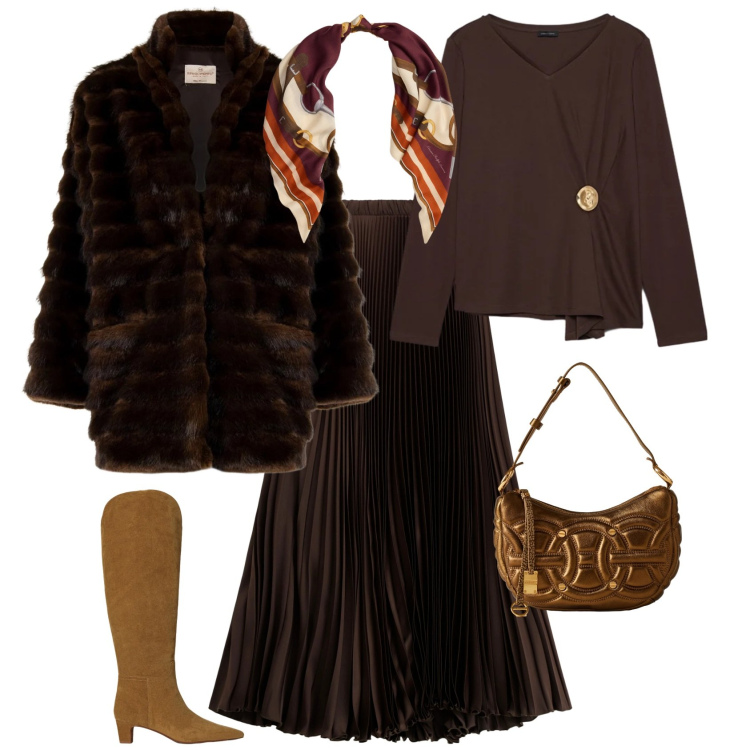 Outfit donna - Chic festività. Stile Chic per Tutti i giorni. Abbinamento con cappotti, gonne lunghe, borse a spalla, stivali, foulard, t-shirt.