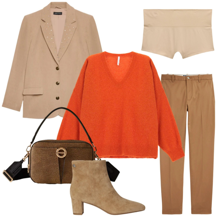 Outfit donna - Touch orange. Stile Casual per Ufficio. Abbinamento con maglieria, borse a tracolla, pantaloni chino, culotte, stivaletti, blazer.
