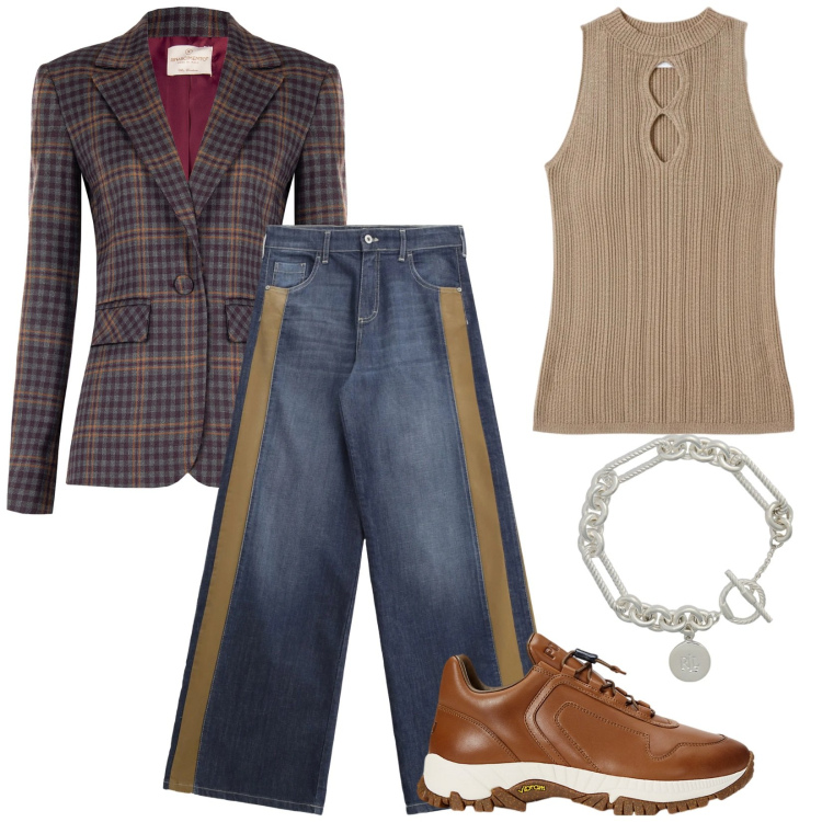 Outfit donna - Giacca Vintage. Stile Vintage retrò per Tutti i giorni. Abbinamento con jeans a zampa, blazer, top, braccialetti, sneakers.