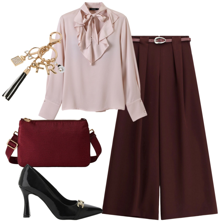 Outfit donna - City. Stile Urban per Tutti i giorni. Abbinamento con bluse, pantaloni a palazzo, décolleté, borse a tracolla, portachiavi.