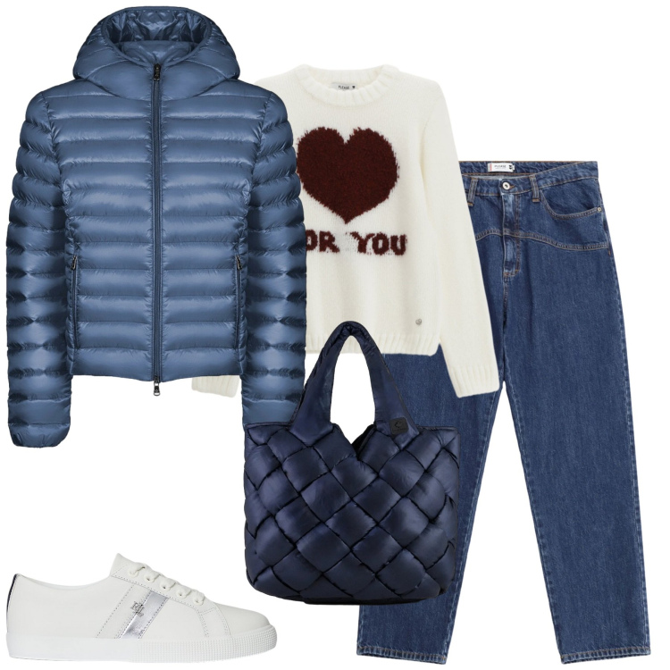 Outfit donna - Dicembre. Stile Casual per Tutti i giorni. Abbinamento con pullovers, jeans, sneakers, bomber, borse tote.