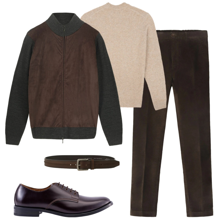 Outfit uomo - Doppie. Stile Urban per Tutti i giorni. Abbinamento con cinture, scarpe stringate, pantaloni, maglieria, giacche.
