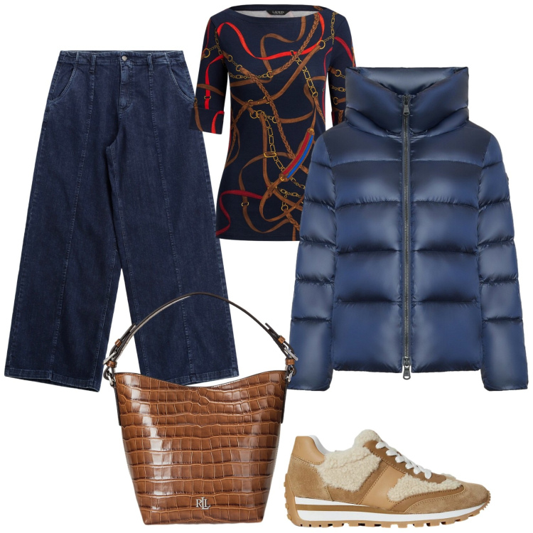 Outfit donna - Casual Trendy. Stile Casual per Tutti i giorni. Abbinamento con jeans, sneakers, borse a secchiello, t-shirt, piumini.