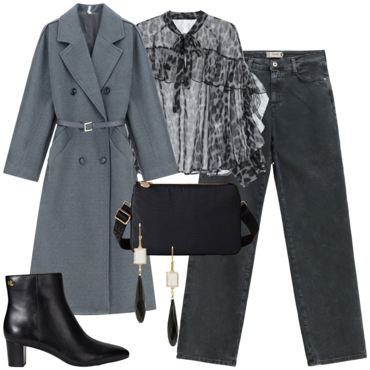 Outfit donna - City. Stile Casual chic per Tutti i giorni. Abbinamento con jeans dritti, cappotti, bluse, borse a tracolla, stivaletti, orecchini.