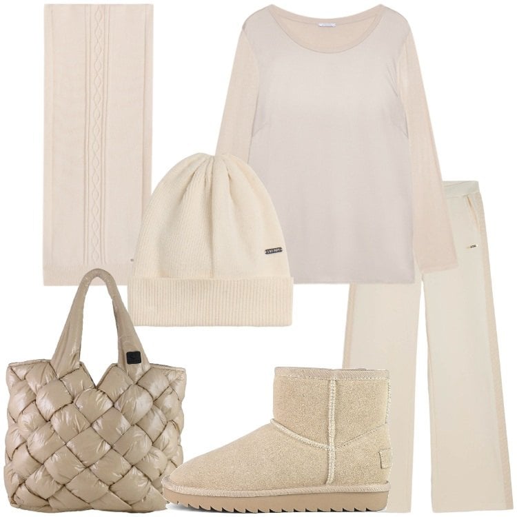 Outfit donna - Warm & Chic. Stile Basic per Tutti i giorni. Abbinamento con pantaloni, berretti, sciarpe, borse tote, t-shirt, stivali.