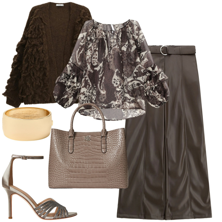 Outfit donna - Dicembre trendy. Stile Trendy per Tutti i giorni. Abbinamento con cardigans, pantaloni, camicie, borse a mano, sandali gioiello, braccialetti.