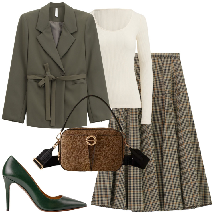 Outfit donna - City. Stile Urban per Tutti i giorni. Abbinamento con gonne lunghe, blazer, borse a tracolla, décolleté, t-shirt.