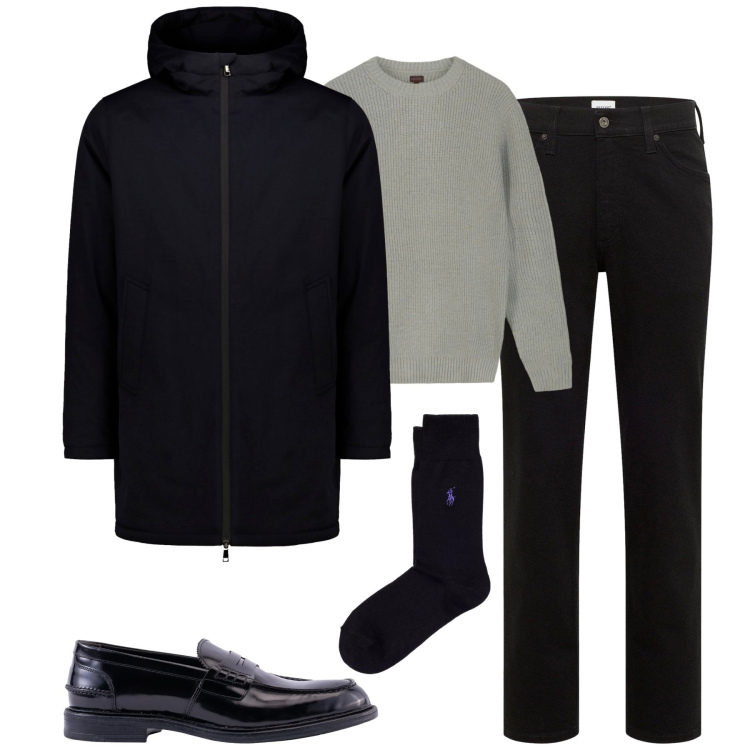 Outfit uomo - Total look #2303740. Stile Casual per Tutti i giorni. Abbinamento con jeans dritti, calzini, parka, scarpe stringate, maglieria.