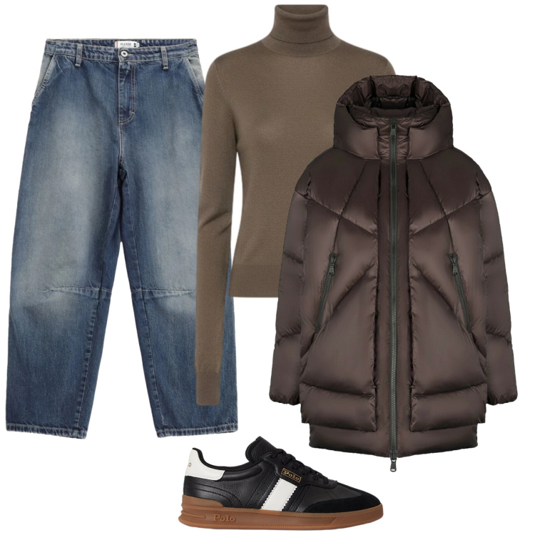 Outfit donna - Jeans a gamba ampia. Stile Basic per Tutti i giorni. Abbinamento con jeans, sneakers, piumini, maglieria.
