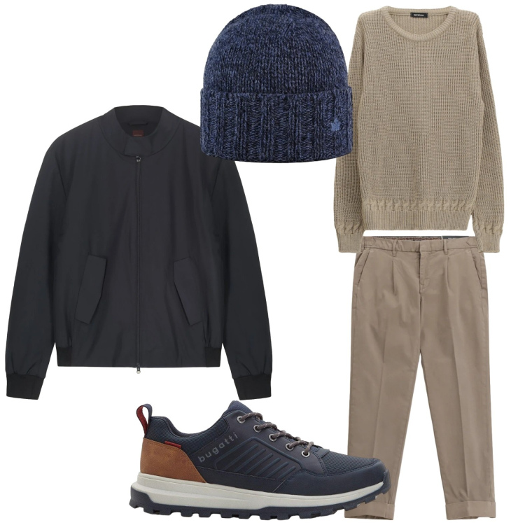 Outfit uomo - Blu raffinato. Stile Trendy per Ufficio. Abbinamento con sneakers, maglieria, pantaloni chino, cappelli, bomber.
