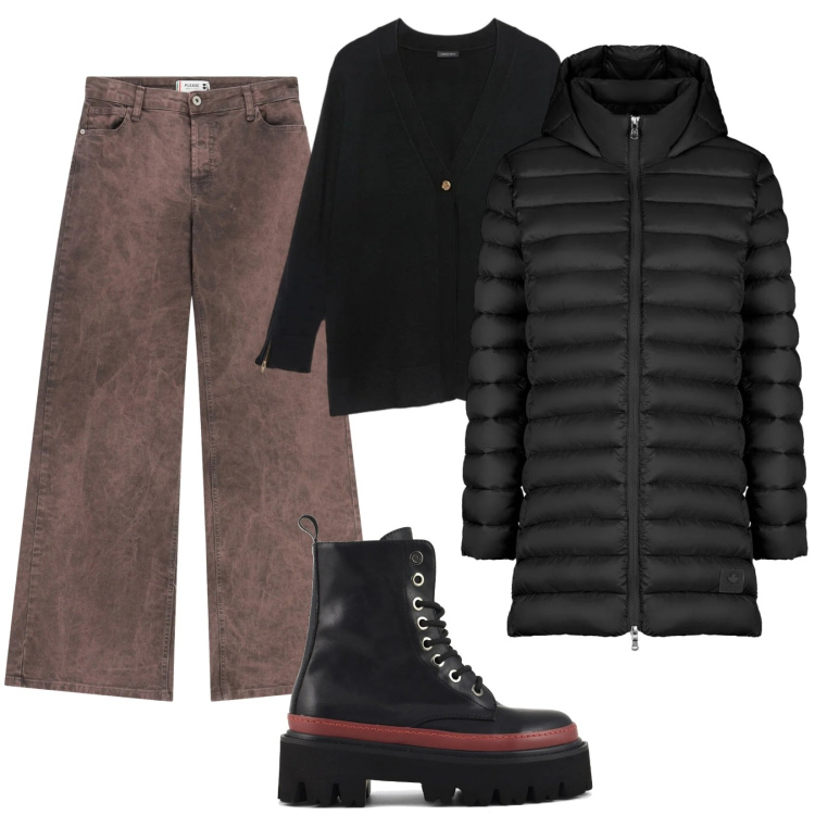 Outfit donna - Jeans e Stivali Rock. Stile Rock per Tutti i giorni. Abbinamento con pantaloni a palazzo, piumini, cardigans, anfibi.