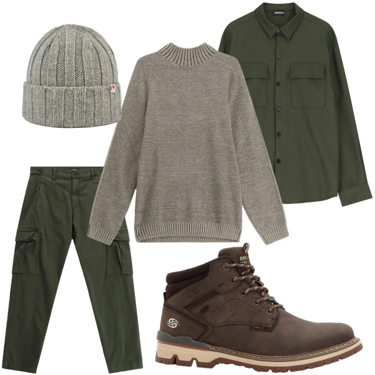 Outfit uomo - Pantaloni cargo all day. Stile Casual per Tutti i giorni. Abbinamento con stivali e stivaletti, camicie, maglieria, pantaloni cargo, berretti.