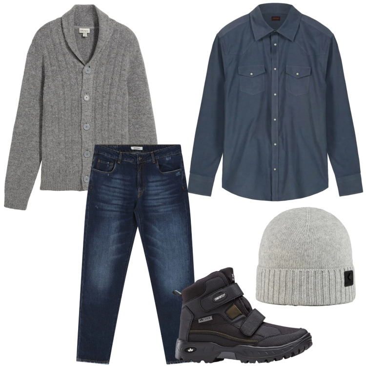 Outfit uomo - I jeans pratici. Stile Casual per Tutti i giorni. Abbinamento con stivali e stivaletti, cardigans, jeans dritti, berretti, camicie.