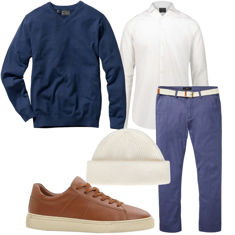 Outfit uomo - Il berretto iconico. Stile Casual per Ufficio. Abbinamento con maglieria, pantaloni chino, sneakers, camicie, berretti.