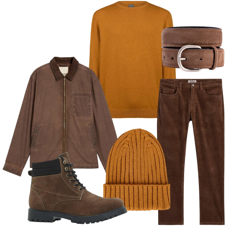 Outfit uomo - È ora del marrone. Stile Casual per Tutti i giorni. Abbinamento con giacche, pantaloni, stivali e stivaletti, berretti, maglieria, cinture.
