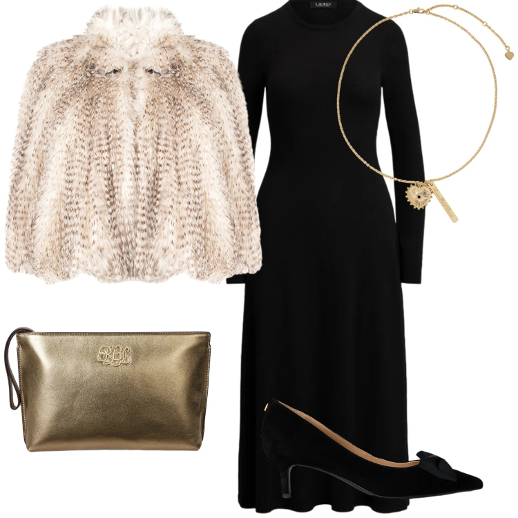 Outfit donna - Teatro. Stile Chic per Serata fuori. Abbinamento con ecopellicce, décolleté, pochette, vestiti, ciondoli.