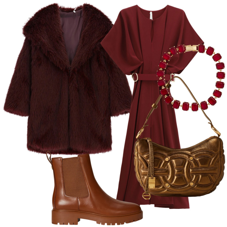 Outfit donna - Cena al ristorante il sabato. Stile Urban per Serata fuori. Abbinamento con vestiti lunghi, ecopellicce, borse a spalla, stivaletti chelsea, braccialetti.