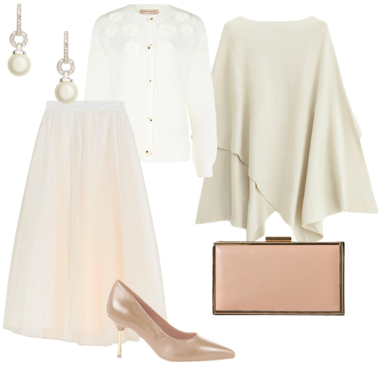 Outfit donna - Natale delicato. per Cerimonia. Abbinamento con gonne lunghe, maglieria, cardigans, décolleté, pochette, orecchini.