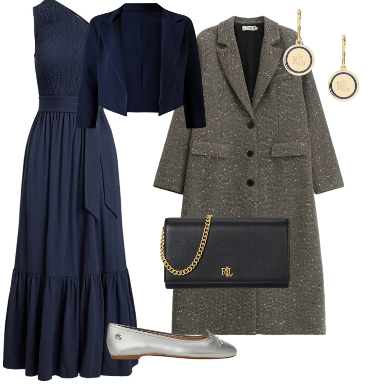 Outfit donna - In blu per le feste. per Serata fuori. Abbinamento con cappotti, bolero, ballerine, vestiti asimmetrici, borse a tracolla, orecchini.