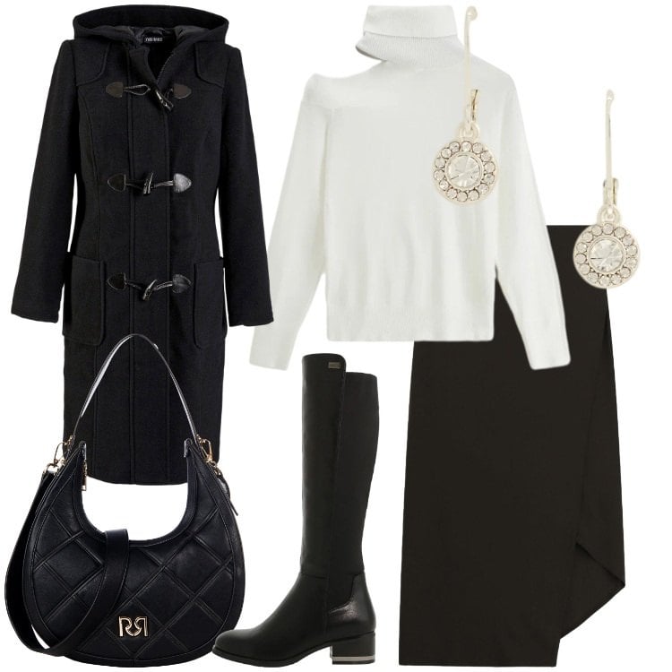 Outfit donna - Magiche Asimmetrie - @lady_lo. Stile Casual chic per Ufficio. Abbinamento con montgomery, borse a tracolla, gonne lunghe, stivali sopra il ginocchio, maglieria, orecchini.