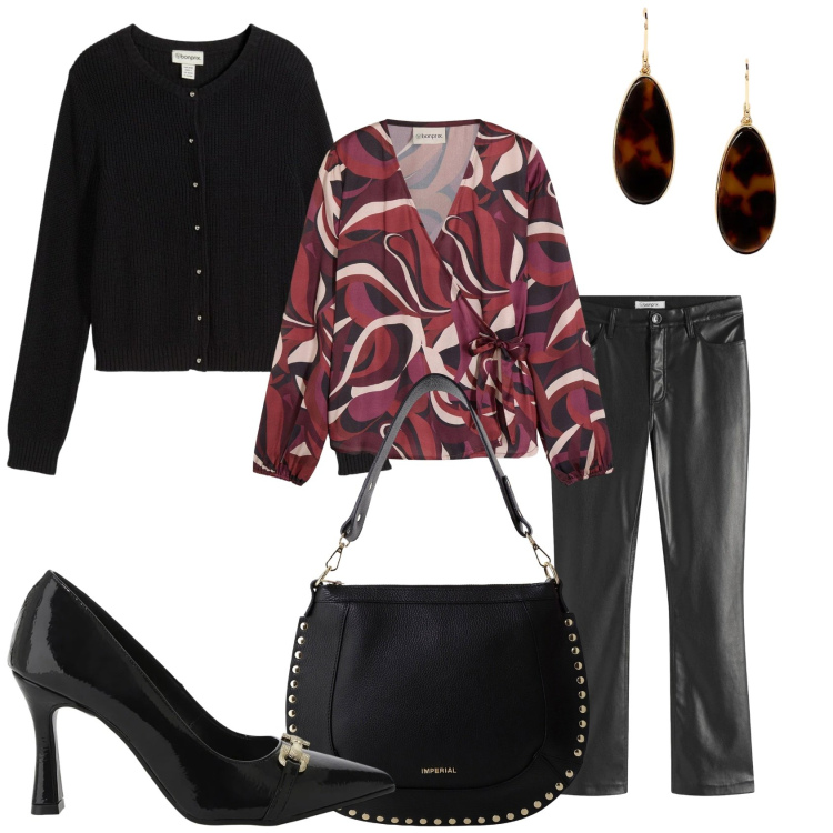 Outfit donna - La serata in casa. Stile Glamour per Serata fuori. Abbinamento con pantaloni, cardigans, camicie, décolleté, borse a spalla, orecchini.