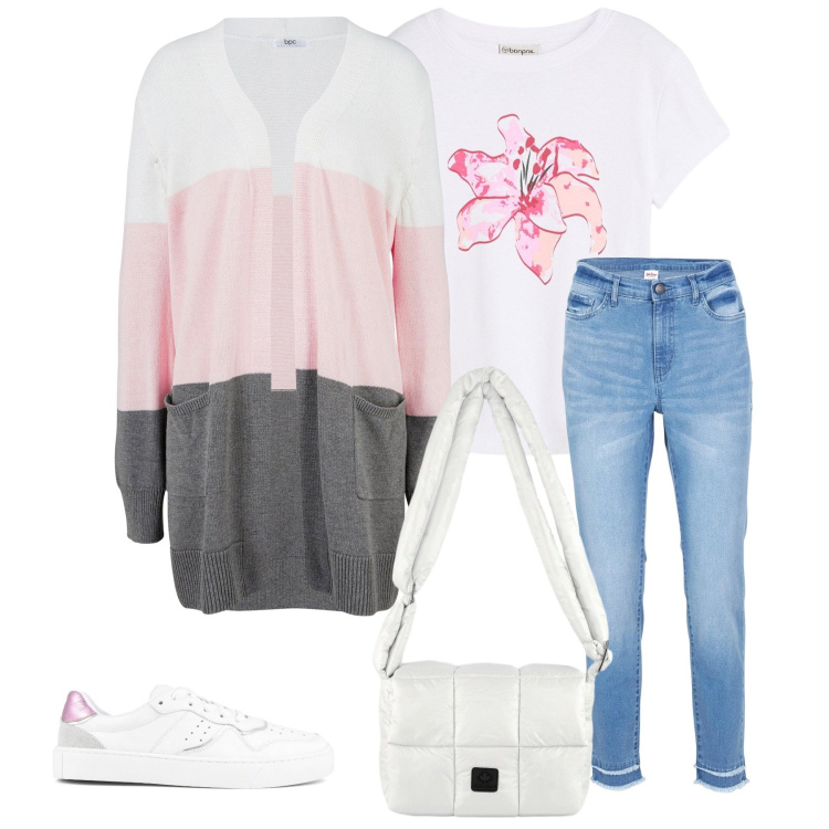 Outfit donna - Total look #2303781. Stile Casual chic per Serata fuori. Abbinamento con jeans, cardigans, t-shirt, borse a spalla, sneakers.